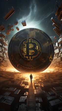 Bitcoin on the background of the city. The concept of digital money.の素材