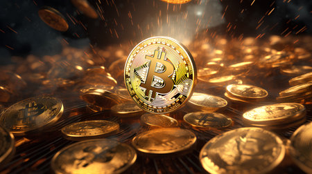 Golden bitcoin on a background of gold coins. 3D illustration.の素材