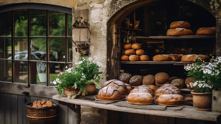 Bread shop in Paris, France. Freshly baked bread on wooden shelvesの素材