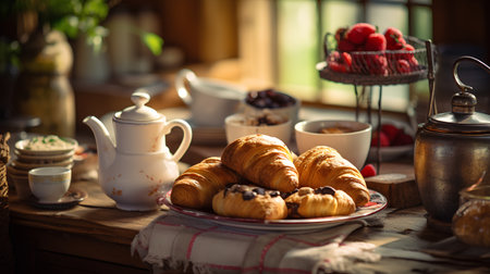 Breakfast with coffee and croissants on the table. Selective focusの素材