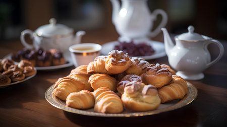 Breakfast with coffee and croissants on a wooden table.の素材