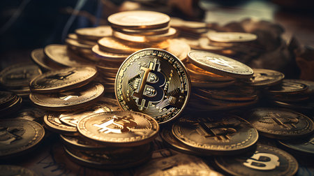 Golden bitcoin coin on the background of coins. Cryptocurrency concept.の素材