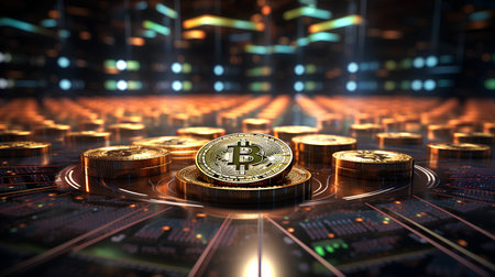 Bitcoin on the background of a binary code. 3D illustration.の素材