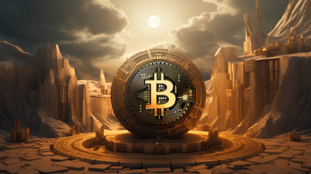 Bitcoin on a background of the ruins of the city. 3D renderingの素材