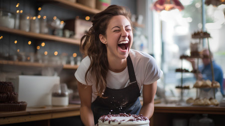 Young female barista smiling while making a cake in a coffee shopの素材