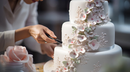 Wedding cake with flowers. Close-up of female hands cutting the cake.の素材