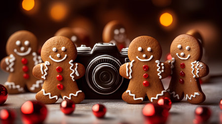 Gingerbread men with a camera on a wooden background with Christmas decorations.の素材