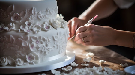 The process of making a wedding cake with flowers. Selective focus.の素材