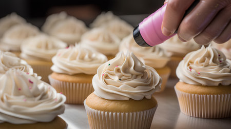 Closeup of female hand decorating cupcakes with white cream.の素材
