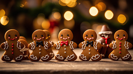 Christmas gingerbread cookies on a wooden background with bokeh.の素材