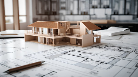 House model with blueprints on table in office. Real estate conceptの素材