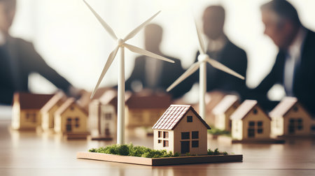 Miniature model of a house with wind turbines in the background. Renewable energy concept.の素材