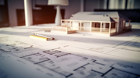 architecture blueprints on the table with house model and pencilの素材