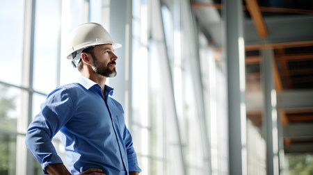 Portrait of a mature engineer wearing a hardhat and looking awayの素材