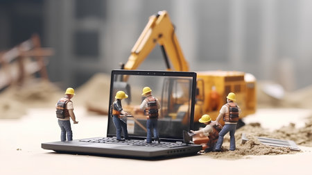 Miniature construction worker on laptop computer with building site in the backgroundの素材