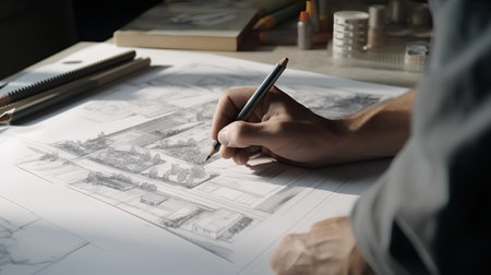 Architect working on blueprint in office, closeup. Construction conceptの素材