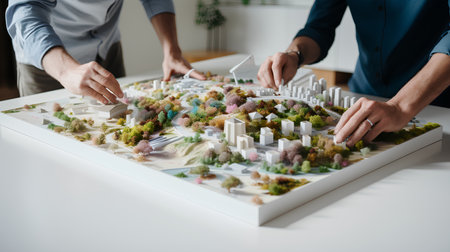Architecture designer team working with model of city on white tableの素材