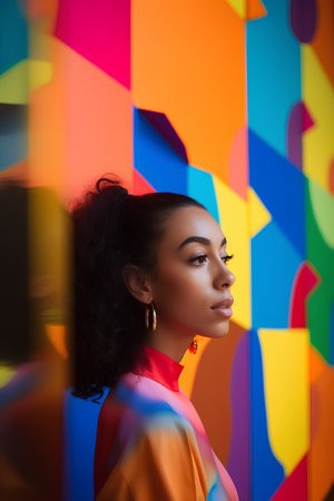 Portrait of beautiful african american woman looking away on colorful backgroundの素材