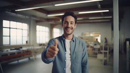 Portrait of happy young businessman showing thumbs up while standing in officeの素材