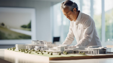 Architecture Construction Engineering Design Concept. Engineer architect working on model of a house.の素材