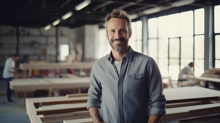 Portrait of handsome man standing in carpentry workshop, smiling.の素材