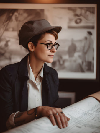 Portrait of a young woman architect in a cap and glasses sitting at a table in a cafe.の素材