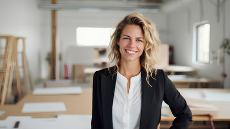 Portrait of smiling young businesswoman standing in office with copy spaceの素材