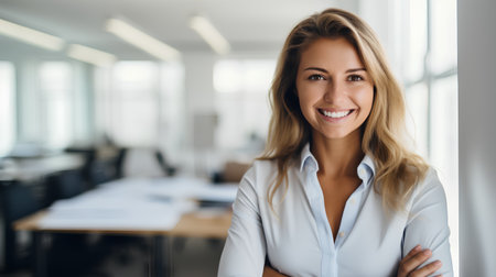 Portrait of smiling businesswoman standing with crossed arms in modern officeの素材