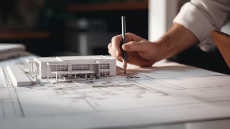 Architect working on blueprint at office, closeup. Construction conceptの素材