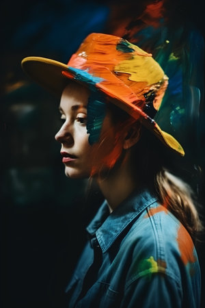 Portrait of a beautiful girl in a hat with a multicolored paintの素材