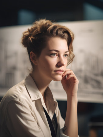 Portrait of young businesswoman sitting in office and looking at cameraの素材
