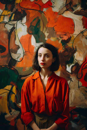 Portrait of a beautiful young woman in a red shirt on a background of a painted wallの素材