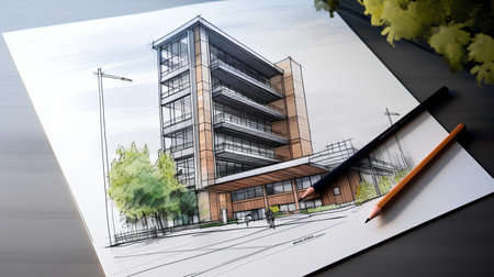 Architectural sketch of a modern office building. 3D renderingの素材
