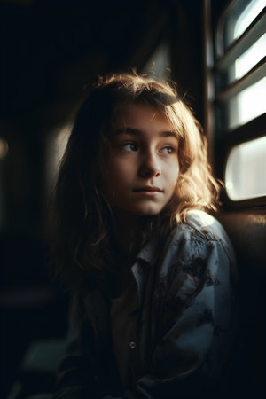 Portrait of a little girl in a train. The child looks at the camera.の素材