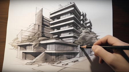 Drawing a modern apartment on a white sheet of paper with a pencilの素材