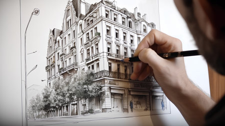 Drawing a sketch of a house on a street in the cityの素材