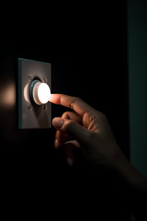 Hand turning on a light switch on dark background. 3D renderingの素材