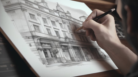 Architect working on a drawing of a classical building in a officeの素材