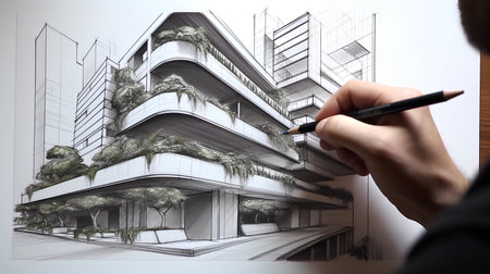 Drawing a modern house with a pencil on a sketchbook.の素材