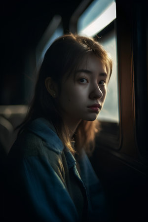 Portrait of a beautiful asian girl in a train. Photo in dark tone.の素材