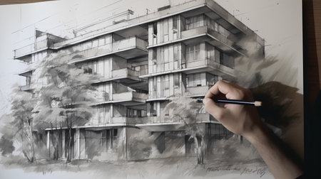 Drawing a modern house with a pencil on a white sheet of paperの素材
