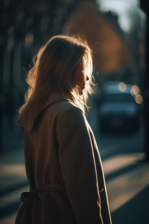 Portrait of a girl in a coat on the street at sunsetの素材