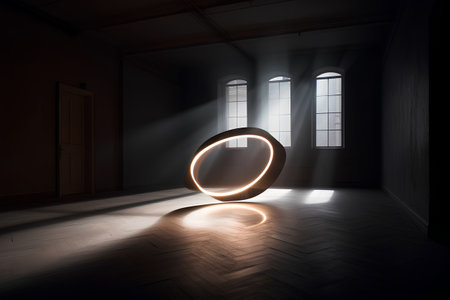 3d rendering of an empty room with a light coming out of the windowの素材