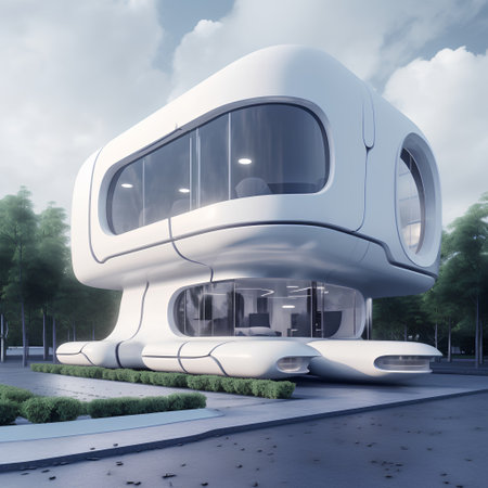 3D rendering of a futuristic building in the park. Modern architecture.の素材