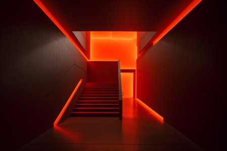 3d render of stairs in the dark room with orange neon lightの素材