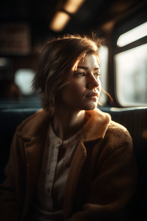 Portrait of a beautiful young woman sitting in the train and looking awayの素材