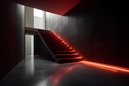 3D rendering of a red stairway in an empty room illuminated with red lightの素材