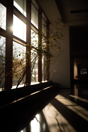 Window with sunlight and plants in the interior of a modern living roomの素材