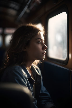 Portrait of a girl in a train. The girl is sitting in the train.の素材