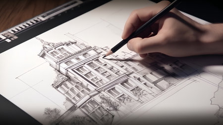 Close up of a hand drawing a house on a digital tablet.の素材